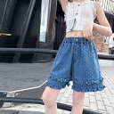 ショートパンツ キッズ ガールズ ジュニア デニム レース フリル ドット柄 水玉 ワイド ゆったり 夏 夏服 綿混素材 柔らかい ウエストゴム カジュアル 着回し 普段使い お出かけ 外遊び ブルー