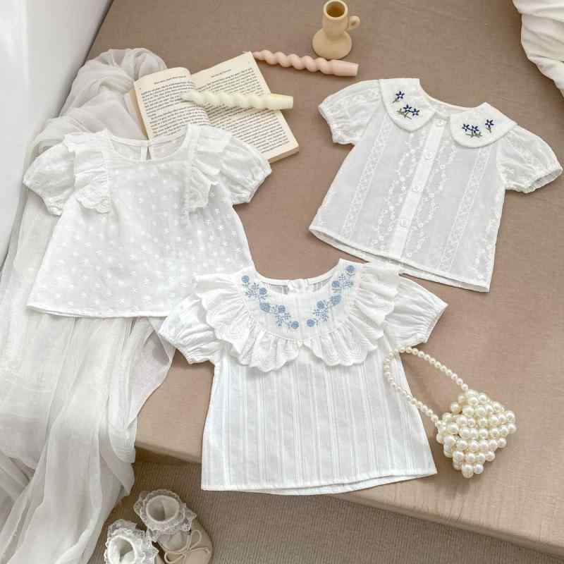 シャツ 女の子 ベビー 子供 幼児 半袖 Tシャツ 綿100% ホワイト ブラウス かわいい 夏服 丸襟トップス カジュアル デイリーユース