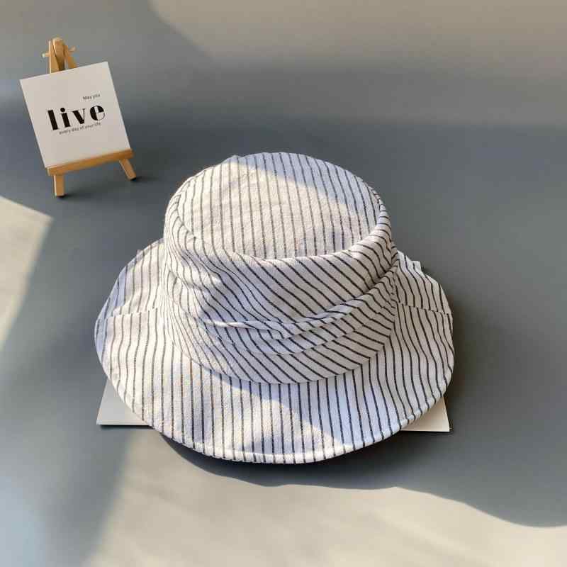 バケットハット レディース 韓国風 ストライプ 綿麻 コットンリネン 平つば くしゅくしゅ つば広 小顔..