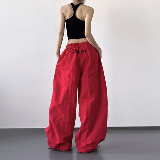 カーゴパンツ レディース アメリカンストリート ジャズダンス ストリートダンス ルーズフィット ゆったり ストレート パラシュートパンツ ヘビー刺繍 薄手 ロング丈 カジュアル ブラック レッド カーゴパンツ レディース アメリカンストリート ジャズダンス ストリートダンス ルーズフィット ゆったり ストレート パラシュートパンツ ヘビー刺繍 薄手 ロング丈 カジュアル ブラック レッド