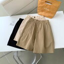 ショートパンツ レディース ワイドシルエット ハイウエスト ウエストゴム 綿100% コットン Aライン ハーフ丈 夏物 カジュアル レトロ 着痩せ効果 薄手 ポケット付き(x2)