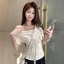 Tシャツ レディース フレンチ レース 通勤 リボンタイ 半袖 ドレープネック アシンメトリー 着痩せ 再生繊維 プルオーバー スリムフィット レギュラー丈 きれいめ フェミニン