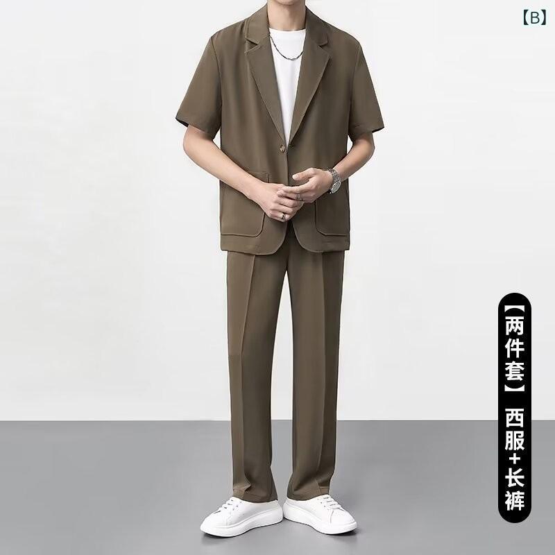 セットアップ メンズ 接触冷感 半袖 テーラードジャケット パンツセット 薄手 軽量 ゆったりシルエット きれいめ 大人カジュアル 夏用 ブラック ブラウン カーキ