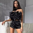 キャミソール レディース 花びら オーストリッチフェザー ベアトップ ショート丈 トップス ストラップタイプ セクシー 大人かわいい エレガント 上品 ポリエステル素材 スリムフィット フラワーパターン 立体デザイン ブラック ホワイト ピンク