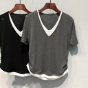 Tシャツ レディース プラスサイズ 韓国ファッション Vネック 着痩せ 細見え フェイクレイヤード バイカラー 半袖 パフスリーブ 綿 スパンデックス素材 スリムフィット カジュアルスタイル ブラック グレー