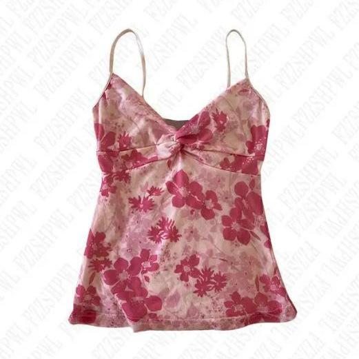 キャミソール レディース 欧米風 レトロ パンク 花柄 プリント リボン 細見え ノースリーブ トップス スリムフィット ポリエステル ストリート カジュアル ピンク ブラック モノクロ チェック