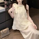 トップス レディース フレンチスタイル 立体フラワー ラインストーン ホルターネック ベスト リボン ドールブラウス ノースリーブ ゆったりシルエット ポリエステル素材
