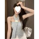 タンクトップ レディース ホルターネック ニット 立体フラワー ショート丈 スリムフィット ノースリーブ 上品 肌見せ バックシャン 無地 きれいめカジュアル ブルー ブラック ホワイト(x2)