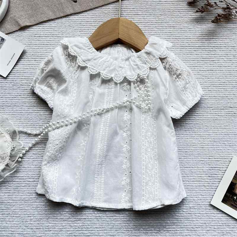 ブラウス 女の子 ベビー レース フリル襟 半袖 薄手 シャツ トップス 綿 コットン 無地 夏物 普段使い カジュアル 赤ちゃん服 幼児服 ガールズ 丸襟 ホワイト