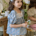 シャツ 女の子 キッズ 韓国風 レトロ 花柄 レース パフスリーブ 半袖 スクエアネック 綿 柔らかい肌触り 夏 トップス ブルー系 イエロー系(x2)
