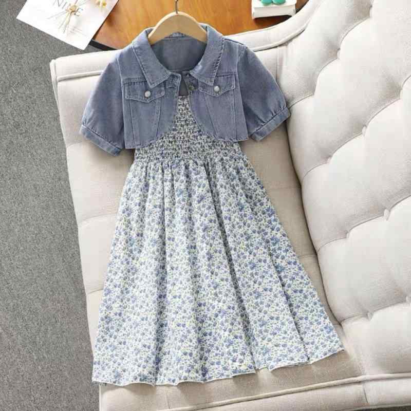 キッズ 女の子 ガールズ 夏服 ワンピースセット 花柄 キャミソールワンピース デニムジャケット ツーピース 韓国風ファッション 綿 コットン素材 デニム生地 ポリエステル裏地 かわいい お出かけ 通学 普段使い カジュアル ジュニアサイズ