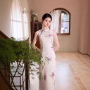 チャイナドレス レディース ロング丈 ノースリーブ ジャカード織り ポリエステル スパンデックス 微ストレッチ 上品 モダン 改良型 新中国風 レトロ スタンドカラー 斜め襟 ライトパープル
