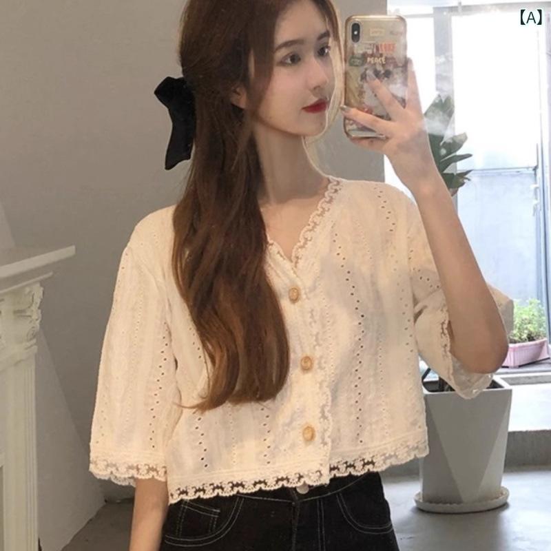 ブラウス レディース レース 透かし編み 半袖 シースルー カーディガン シフォン 羽織り 夏物 Vネック 幾何学模様 フェミニン エレガント デザイン 個性的 ポリエステル