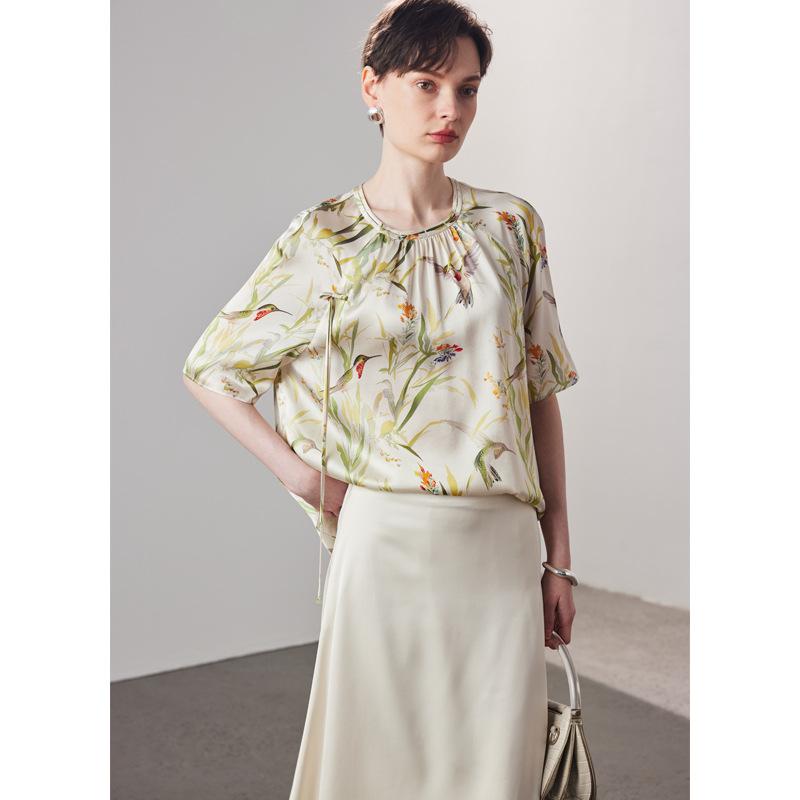 Tシャツ レディース 桑蚕シルク 半袖 ラウンドネック ゆったり プルオーバー オリエンタル柄 通気性 サテン生地 光沢感 上品 エレガント 通勤 オフィス カジュアル トップス(4)