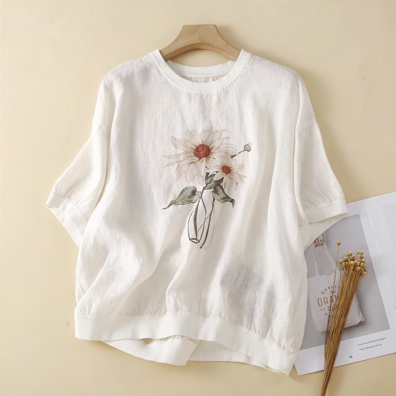 Tシャツ レディース レトロ ヴィンテージ サンドウォッシュ リネン 麻 半袖 ゆったり 薄手 花柄 プリント ラウンドネック カジュアル 夏 白 カーキ