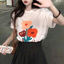 Tシャツ レディース ぽっちゃり体型向け 大きいサイズ ゆったり オーバーサイズ ミドル丈 チュニック丈 フラワープリント 半袖 クルーネック 体型カバー ポリエステル カジュアルトップス