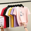 Tシャツ レディース ビッグシルエット ゆったり クルーネック 丸首 半袖 プリント ポリエステル スパンデックス 再生繊維 伸縮性 快適な着心地 韓国ファッション カジュアル 普段使い リラックス(x2)