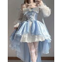 ワンピース レディース ロリータ ドレス ブルー 花嫁 ブライダル プリンセス Aライン ロング丈 アシンメトリーヘム ビッグリボン トレーン 豪華装飾 高級感 エレガント ポリエステル