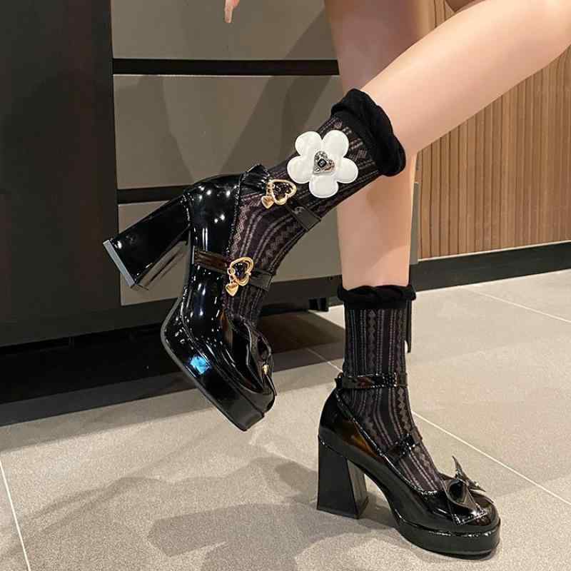 メリージェーン パンプス レディース レトロ ロリータ スクエアトゥ 太ヒール ミドルヒール ストラップ 厚底 大きいサイズ PUレザー ブラック 普段使い 韓国風