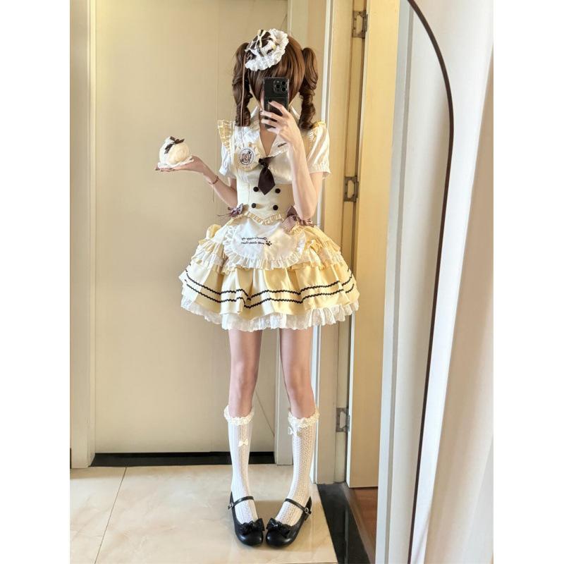 ワンピース レディース ロリータ 半袖 ショート丈 ミニ丈 甘め ガーリー 日系 リボン レース プリーツ Vネック オフショルダー フレアスカート ボリュームスカート 体型カバー 細見え デート お出かけ