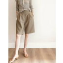 ショートパンツ レディース ハイウエスト ストレート 薄手 夏用 きれいめ 上品 大人カジュアル オフィス 通勤 普段使い 体型カバー 着痩せ ゆったり ポリエステル ブラック カーキ ネイビー 膝丈 ハーフパンツ