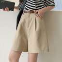 ショートパンツ レディース 夏 普段使い 膝丈 5分丈 ハイウエスト ゆったり ワイドパンツ Aライン カジュアル 韓国ファッション カーゴパンツ風 ストレート コットン 綿混 薄手 小柄な方向け 黒 白 カーキ ピンク
