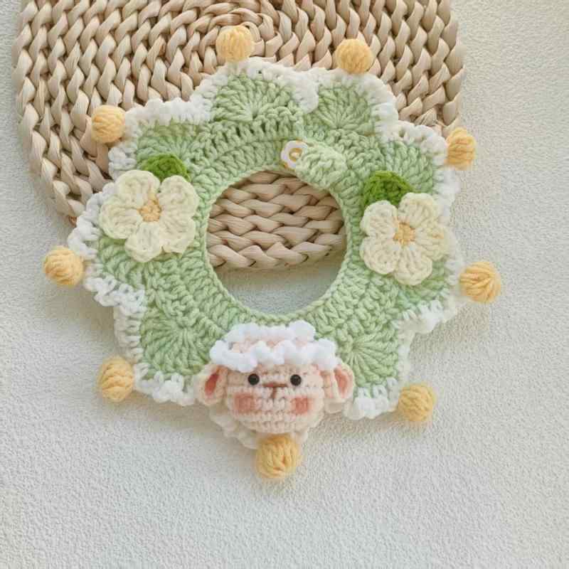 猫 犬 首輪 おしゃれ ネックウォーマー 手編み ペット用品 口拭き かわいい 首飾り グリーン イエロ－