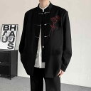 スーツジャケット メンズ 男性用 春秋 中華風 ローズ刺繍 中山服 スタンドカラー 大きいサイズ 結婚式 フォーマル 肩パッド入り 綿混紡 ポリエステル 通気性 ウォッシャブル ノーアイロン ブラック ゆったり