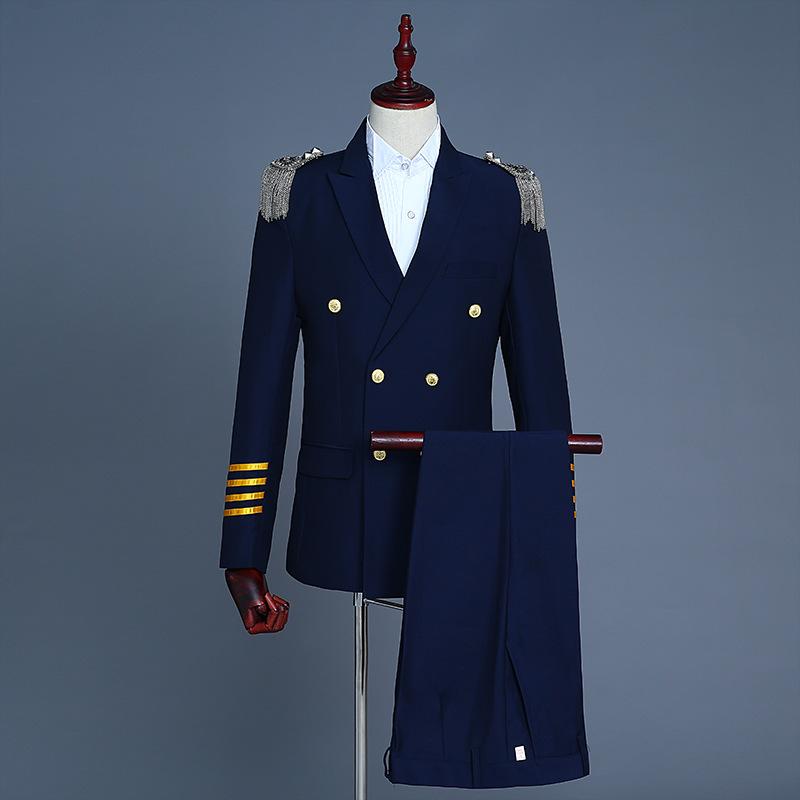スーツ メンズ ダブルブレスト 機長風 軍服風 タッセル肩章 スリムフィット 舞台衣装 ステージ 演出服 フォーマル 礼服 タキシード 撮影 記念写真 イベント(x3)