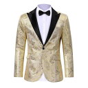 ジャケット メンズ 男性用 フォーマル タキシード ゴールド 花柄 ペイズリー柄 ノッチドラペル シングルブレスト 1つボタン スリムフィット 切り替えデザイン...