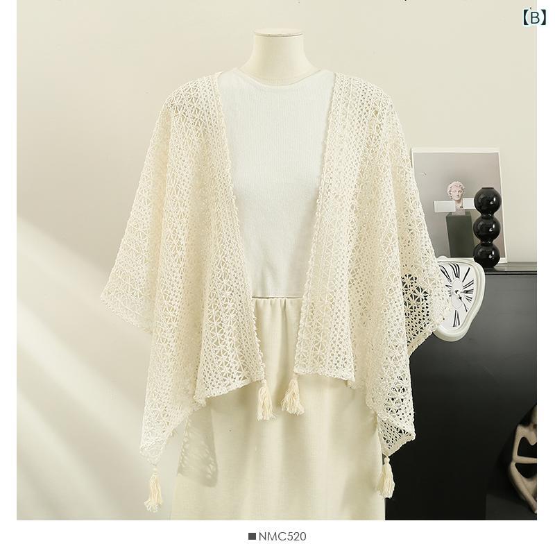カーディガン レディース レトロ エスニック フリンジ ニット サマーニット 薄手 夏用 羽織り ショート丈 ボレロ Vネック 長袖 レース シアー シェニール素材 無地 ホワイト ベージュ リゾート カジュアル きれいめ 冷房対策