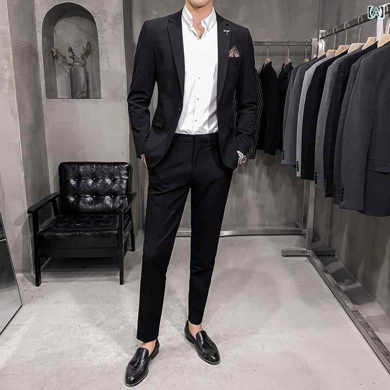 メンズ スーツ セットアップ スリムフィット 細身 無地 シンプル ベーシック カジュアル ビジネス フォーマル 結婚式 二次会 パーティー 通勤 春秋物 ポリエステル 綿混 ストレッチ素材 ブラック ネイビー グレー カーキ