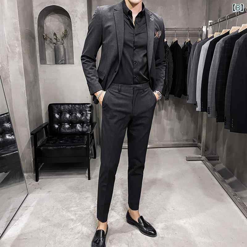 メンズ スーツ セットアップ スリムフィット 細身 無地 シンプル ベーシック カジュアル ビジネス フォーマル 結婚式 二次会 パーティー 通勤 春秋物 ポリエステル 綿混 ストレッチ素材 ブラック ネイビー グレー カーキ