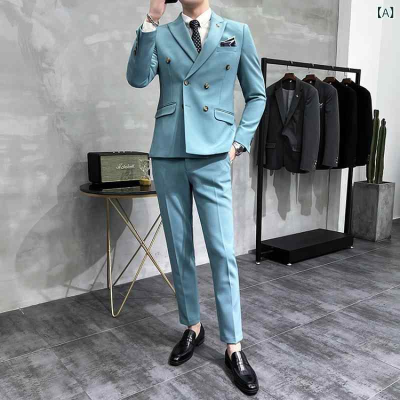 スーツ メンズ 高級感 スタイリッシュ ダブルブレスト セットアップ スリムフィット ピークドラペル フルキャンバス仕立て カジュアル ビジネス フォーマル 結婚式 新郎 アセテート繊維