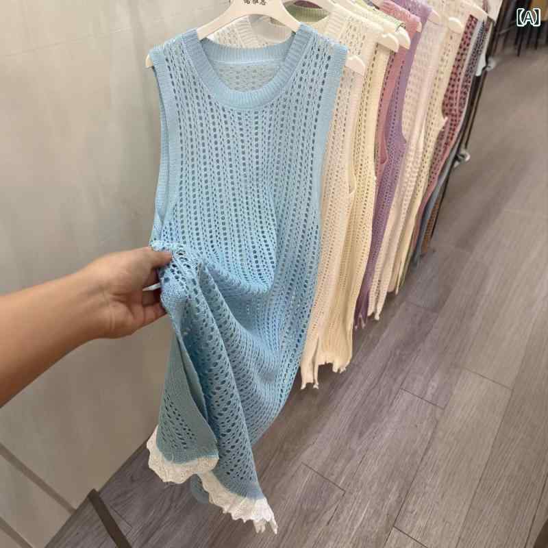 ワンピース レディース 韓国風 ニット 透かし編み ノースリーブ 花柄レース パッチワーク ミディ丈 タ..