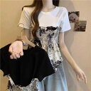 Tシャツ レディース 大きいサイズ ゆったり フェイクレイヤード 花柄プリント 半袖 アシンメトリー 体型カバー 着痩せ効果 カジュアル ストリートファッション ラウンドネック トップス デイリーユース ポリエステル