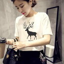 Tシャツ レディース 女性 学生 ルーズフィット ゆったり オーバーサイズ 鹿柄 プリント 半袖 ショートスリーブ クルーネック 丸首 韓国ファッション ストリートカジュアル ポリエステル スパンデックス ホワイト 白(4)