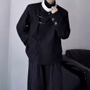 ジャケット ユニセックス スタンドカラー ショルダーパッド入り メタルボタン ルーズフィット シングルブレスト 2つボタン ポリエステル 防シワ加工 無地 オフィスカジュアル ビジネスカジュアル 普段使い 春 秋 長袖 ブラック