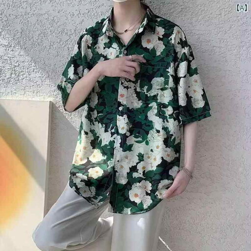 シャツ メンズ アロハシャツ ハワイアン 半袖 開襟 油絵風 花柄 総柄 ヴィンテージグリーン 個性派 ゆったり オーバーサイズ リラックスフィット アートデザイン カジュアルスタイル 普段使い ポリエステル