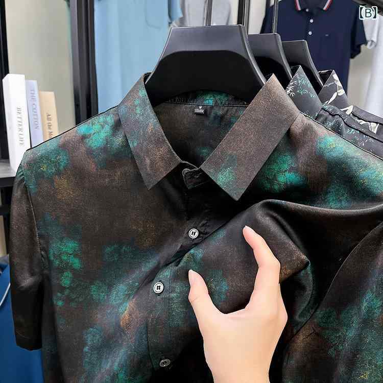 シャツ メンズ 男性用 天然シルク 半袖 ビジネス カジュアル 通気性 薄手 軽量 ゆったり ノーアイロン 襟付き 高級感