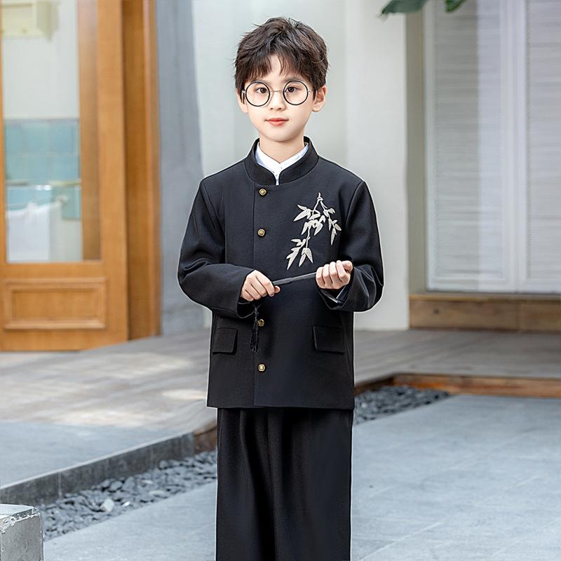 キッズ フォーマルスーツ 男の子 中華風 立ち襟 レトロ 中山服 漢服風 スリーピース 黒 ブラック ポリエステル混紡 発表会 舞台 衣装 イベント 卒業式 入学式 結婚式 七五三 演奏会 記念撮影