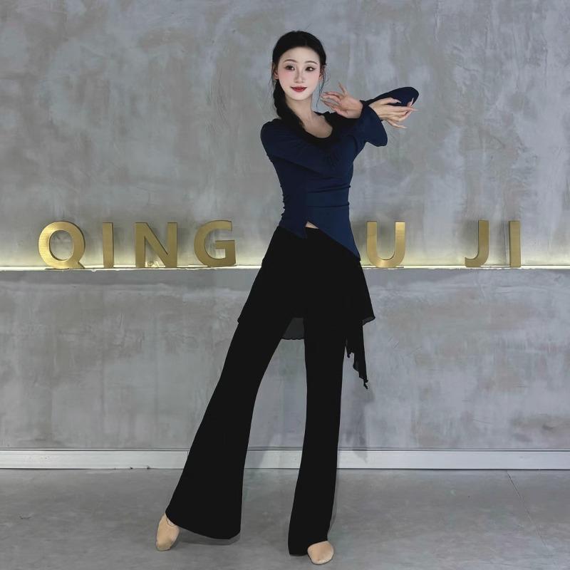 スカートパンツ レディース フェイクツーピース ヒップカバー付き フレアパンツ ダンス 練習着 ロング丈 ドレープ感 レッスンウェア クラシック 中国舞踊 バレエ ヨガ フィットネス 体操 ブラック 夏用 再生繊維