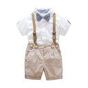 キッズ 男の子 半袖シャツ サロペット ハーフパンツ セットアップ 2点セット 綿100% 紳士 フォーマル イギリス風 欧米スタイル 夏 お出かけ 結婚式 パーティー 発表会 誕生日 蝶ネクタイ付き 無地 ホワイト 柔らかい 快適