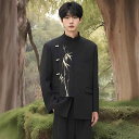 スーツ メンズ 新中国風 結婚式 礼服 フォーマル セットアップ アシンメトリー スタンドカラー 金竹刺繍 ポリエステル混紡 形態安定 パーティー 披露宴 二次会 演奏会 発表会 イベント ステージ衣装 ブラック