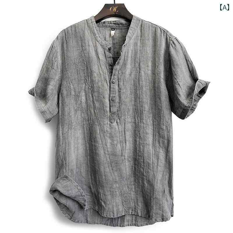 Tシャツ メンズ 男性 中国風 スタンドカラー 半袖 麻 薄手 軽量 高級感 ゆったり 接触冷感 吸湿速乾 通気性 普段使い リラックスフィット トップス
