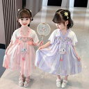漢服 キッズ 女の子 夏物 中華風 中国伝統 ワンピース シフォン ポリエステル キャラクター柄 リボン かわいい おしゃれ プリンセスドレス 薄手 柔らか素材 ゆったり 発表会 イベント 普段着 パープル ピンク