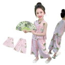 セットアップ 女の子 キッズ 子供 中国風 漢服スタイル おしゃれ ツーピース パンツ 上下セット 夏物 薄手 長袖 長ズボン 花柄 ピンク ポリエステル混紡
