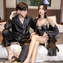 ルームウェア カップル メンズ レディース 2点セット セクシー シルク ガウン スリップドレス キャミソールワンピース パジャマ セットアップ 薄手 軽量 肌触り 秋 エレガント 高級感 光沢 ロング丈 長袖 ブラック ワインレッド シャンパン