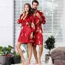 バスローブ ガウン ナイトウェア カップル ペア 合成シルク ナイロン 接触冷感 ウェディング 結婚式 ロング丈 Vネック 薄手 高級感 オールシーズン ルームウェア(x2)