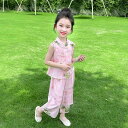 子供 漢服 女の子 新中華風 モダンチャイニーズ おしゃれ 中華服 民族衣装 唐装風 セットアップ ツーピース 綿混 薄手 ノースリーブ 夏物 ピンク 動物柄 普段使い イベント 衣装
